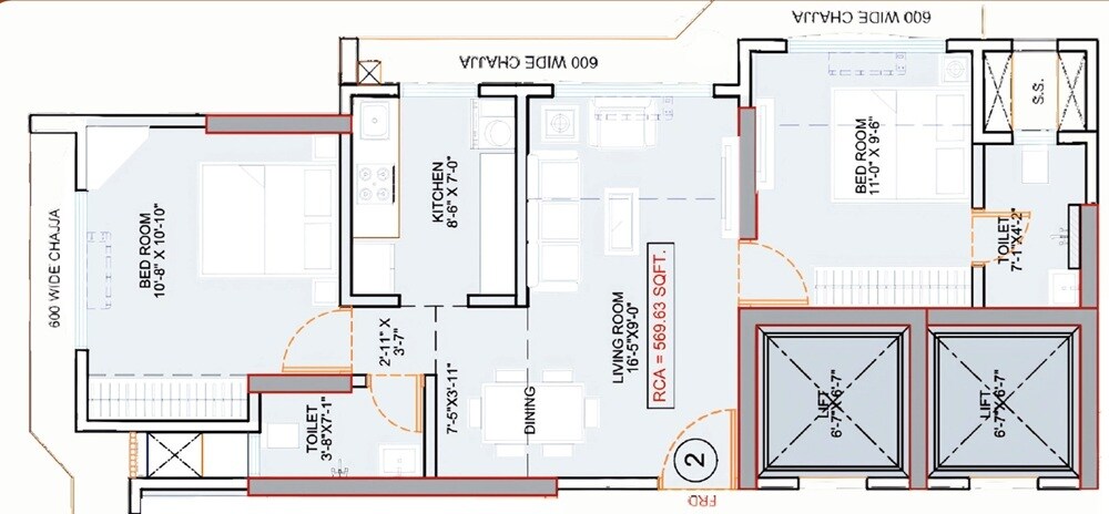 Floor plan of 2 BHK 570 Sq. Ft. Apartment in Shree Swastick Mangalam, Thane