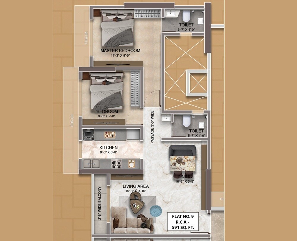 Floor plan of 2 BHK 591 Sq. Ft. Apartment in Shree Swastik Kingsman Residency, Thane