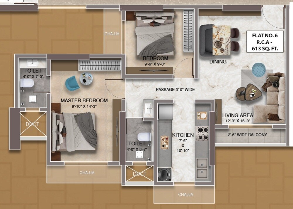 Floor plan of 2 BHK 614 Sq. Ft. Apartment in Shree Swastik Kingsman Residency, Thane
