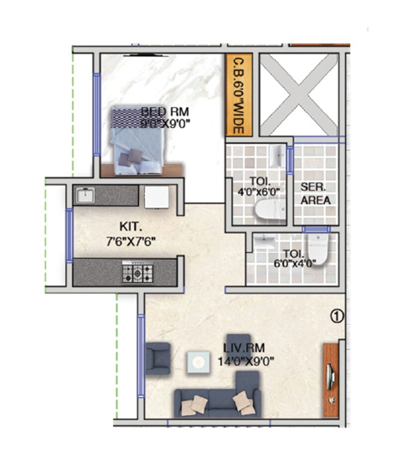 Floor plan of 1 BHK 400 Sq. Ft. Apartment in Shree The Vaidiki Crown, Thane