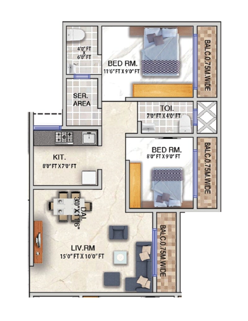 Floor plan of 2 BHK 534 Sq. Ft. Apartment in Shree The Vaidiki Crown, Thane