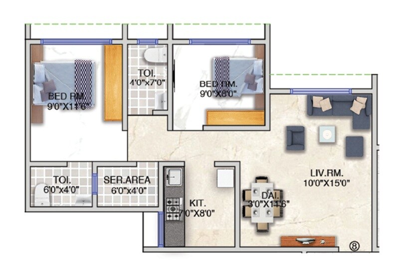 Floor plan of 2 BHK 550 Sq. Ft. Apartment in Shree The Vaidiki Crown, Thane