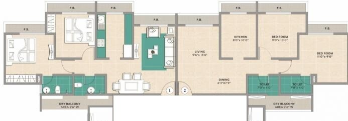 Floor plan of 2 BHK 1060 Sq. Ft. Apartment in Shree Tirupati Marina, Thane