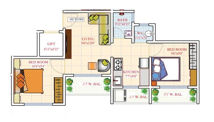 Floor plan of 2 BHK 528 Sq. Ft. Apartment in Shree Vakratunda Green Touch, Thane