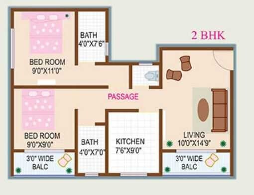 Floor plan of 2 BHK 636 Sq. Ft. Apartment in Shree Vallabh Chintamani Park, Thane