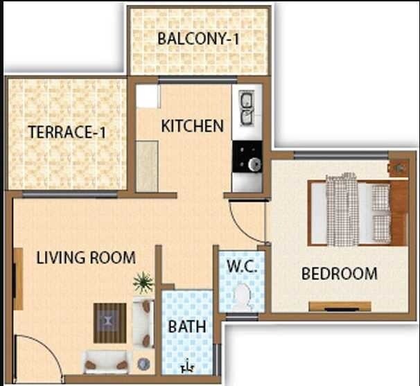 Floor plan of 1 BHK 349 Sq. Ft. Apartment in Shree Vasturachana Vrundavan, Thane