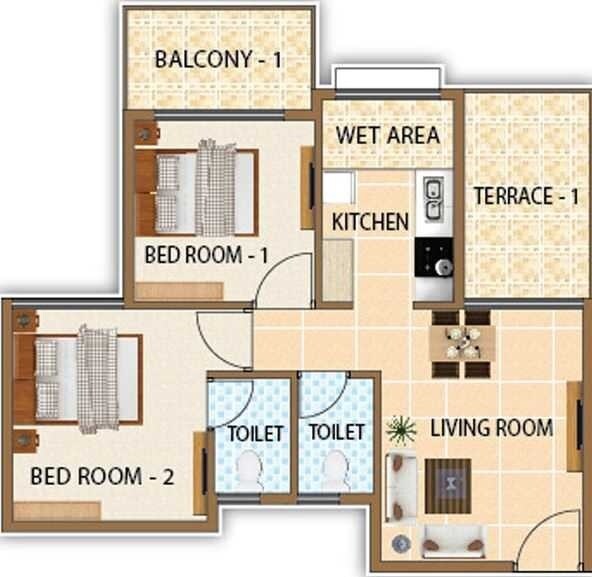 Floor plan of 2 BHK 412 Sq. Ft. Apartment in Shree Vasturachana Vrundavan, Thane