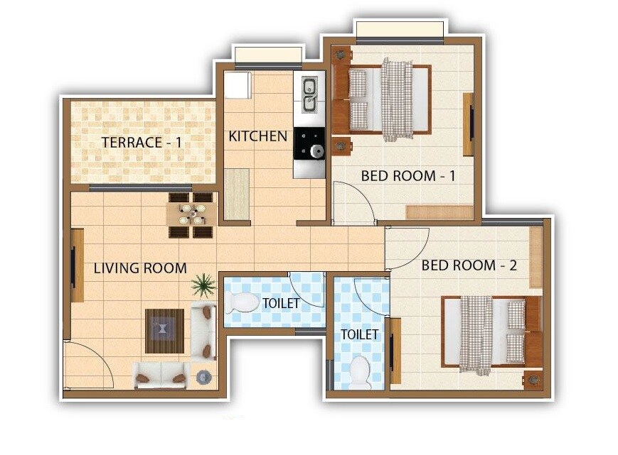 Floor plan of 2 BHK 454 Sq. Ft. Apartment in Shree Vasturachana Vrundavan, Thane
