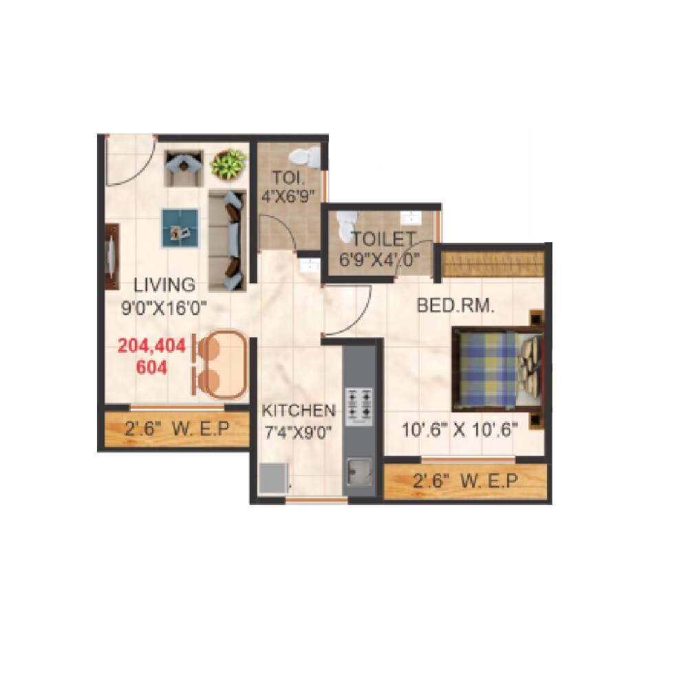 Floor plan of 1 BHK 385 Sq. Ft. Apartment in Shree Vatika, Thane