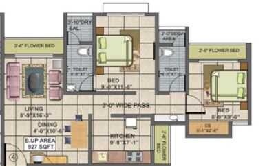 Floor plan of 2 BHK 927 Sq. Ft. Apartment in Shree Vrushti, Thane
