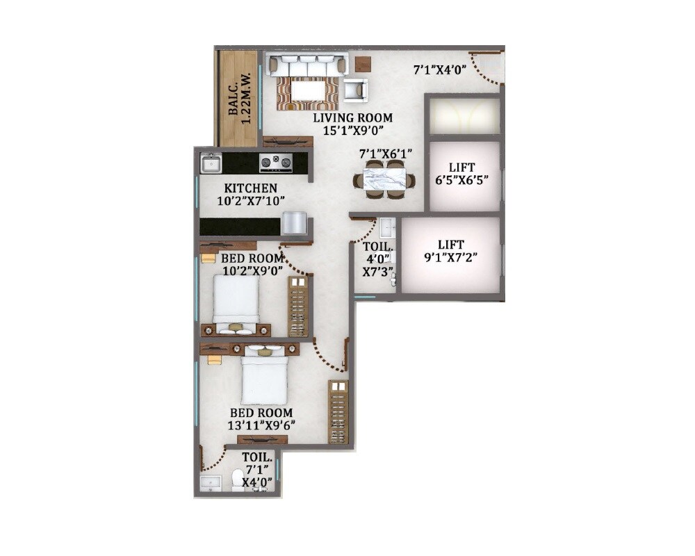 Floor plan of 2 BHK 736 Sq. Ft. Apartment in Shree Yashwant Heights, Thane