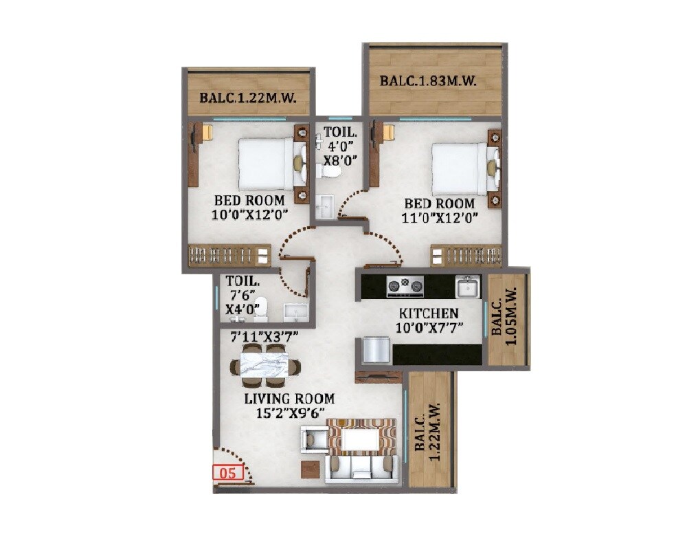 Floor plan of 2 BHK 838 Sq. Ft. Apartment in Shree Yashwant Heights, Thane