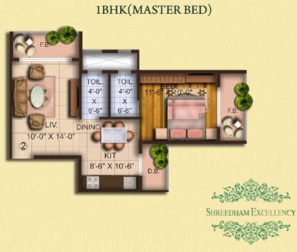 Floor plan of 1 BHK 690 Sq. Ft. Apartment in Shreedham Excellency, Thane