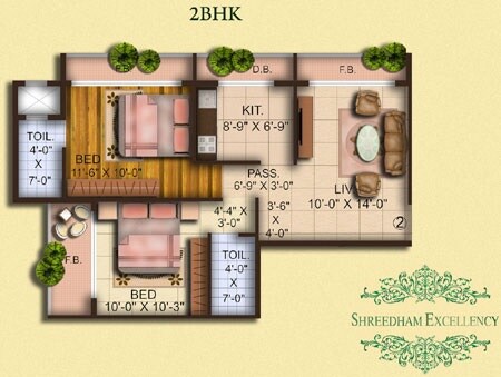 Floor plan of 2 BHK 900 Sq. Ft. Apartment in Shreedham Excellency, Thane