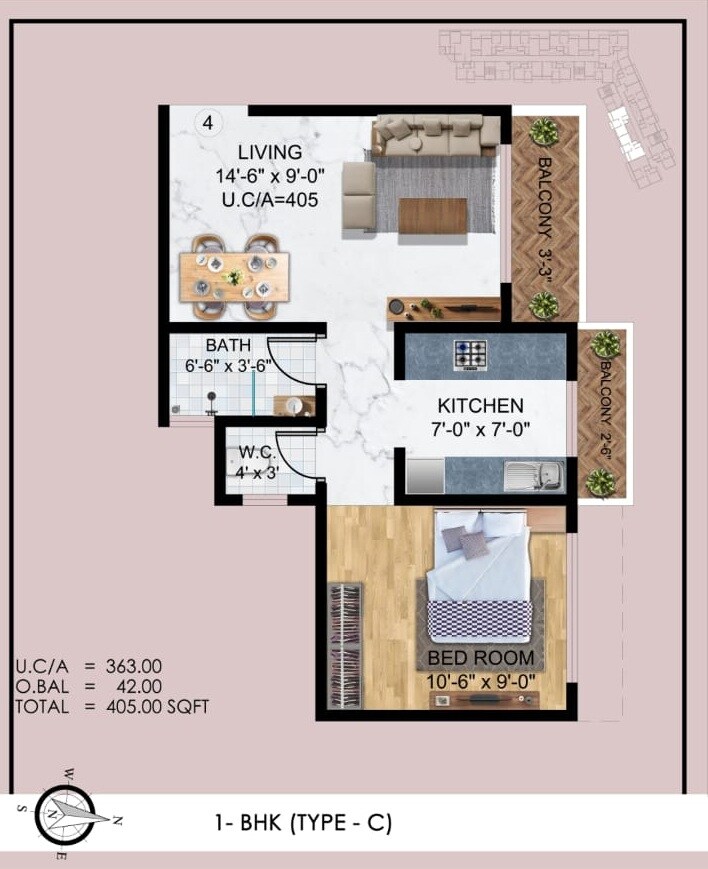 Floor plan of 1 BHK 405 Sq. Ft. Apartment in Shreeji Nirvana Heights, Thane