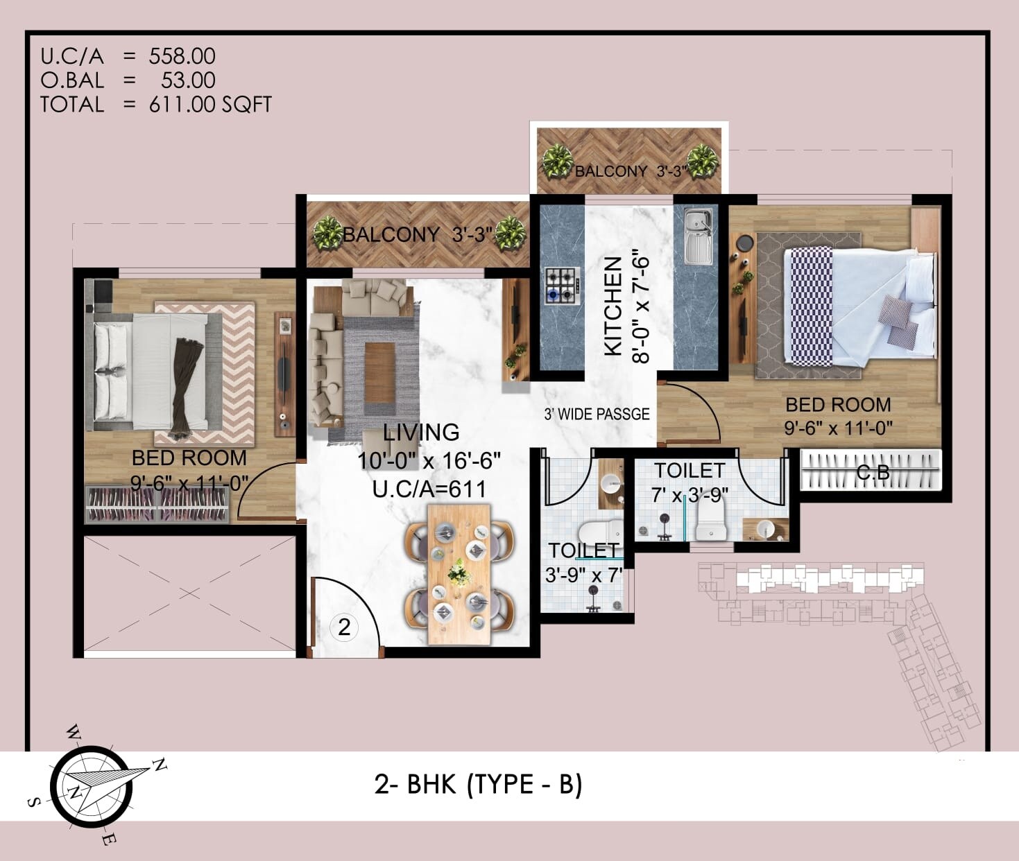 Floor plan of 2 BHK 611 Sq. Ft. Apartment in Shreeji Nirvana Heights, Thane
