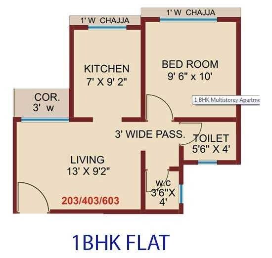 Floor plan of 1 BHK 338 Sq. Ft. Apartment in Shreeji Nisarg Phase 2, Thane