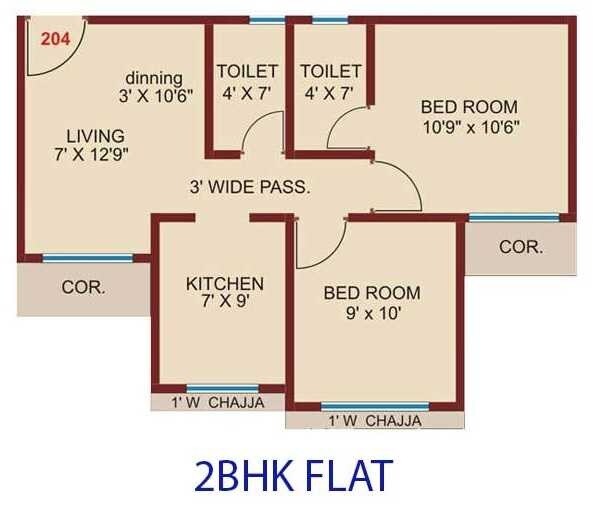 Floor plan of 2 BHK 522 Sq. Ft. Apartment in Shreeji Nisarg Phase 2, Thane