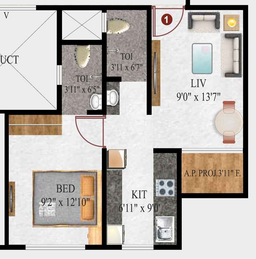 Floor plan of 1 BHK 491 Sq. Ft. Apartment in Shreeji Oasis, Thane