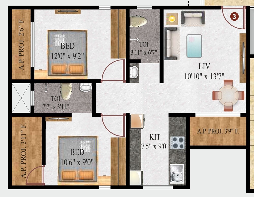 Floor plan of 2 BHK 503 Sq. Ft. Apartment in Shreeji Oasis, Thane