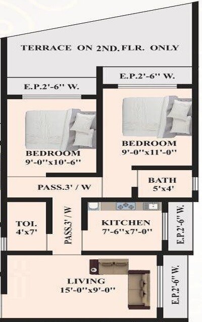 Floor plan of 2 BHK 418 Sq. Ft. Apartment in Shreeniwasa Residency, Thane