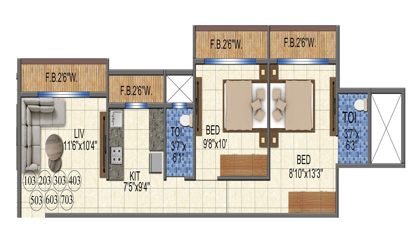 Floor plan of 2 BHK 595 Sq. Ft. Apartment in Shreeram Shivaay Avyaan, Thane