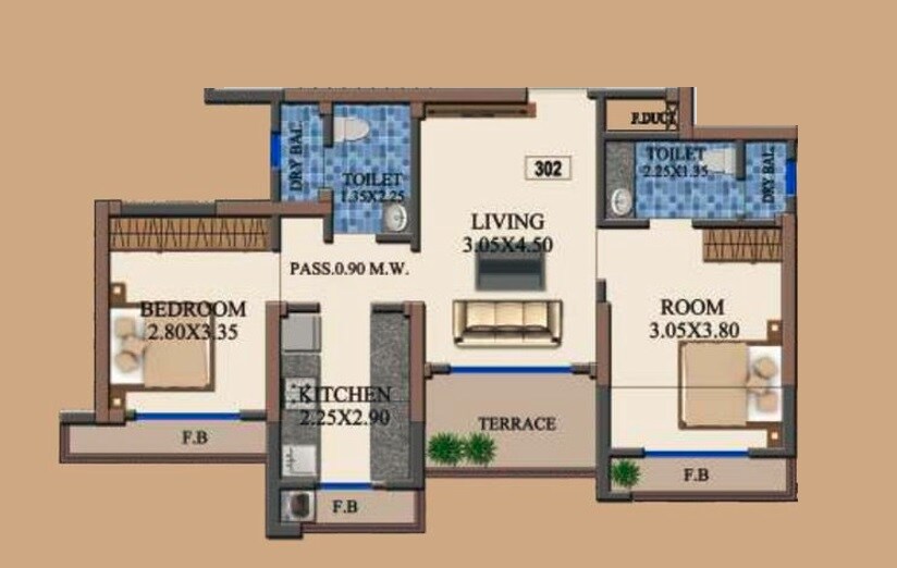 Floor plan of 2 BHK 610 Sq. Ft. Apartment in Shrestha Vishwajeet Soman Central, Thane