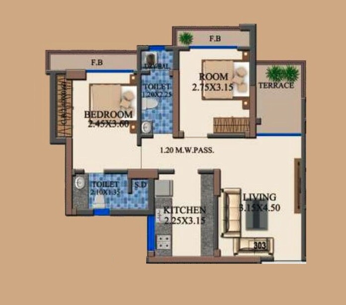 Floor plan of 2 BHK 630 Sq. Ft. Apartment in Shrestha Vishwajeet Soman Central, Thane