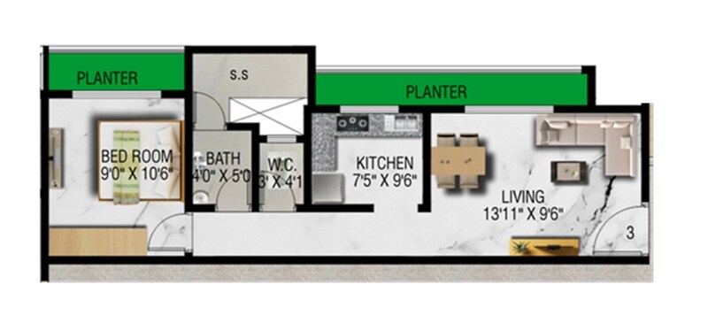 Floor plan of 1 BHK 371 Sq. Ft. Apartment in Shri Hem Magan Ultima, Thane