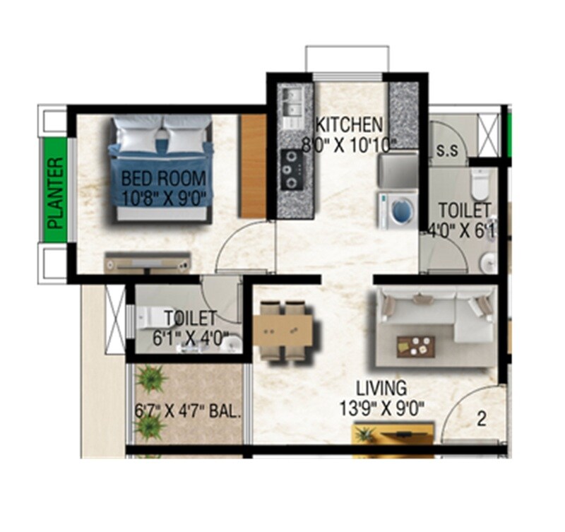 Floor plan of 1 BHK 415 Sq. Ft. Apartment in Shri Hem Magan Ultima, Thane