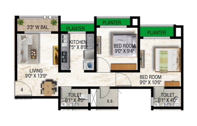 Floor plan of 2 BHK 525 Sq. Ft. Apartment in Shri Hem Magan Ultima, Thane