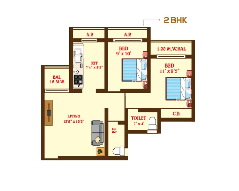 Floor plan of 2 BHK 664 Sq. Ft. Apartment in Shri Kalki Tulsi Vatika, Thane