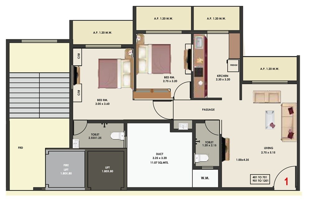 Floor plan of 2 BHK 615 Sq. Ft. Apartment in Shri Trident Avalon, Thane