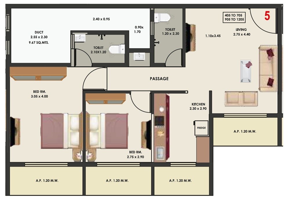 Floor plan of 2 BHK 635 Sq. Ft. Apartment in Shri Trident Avalon, Thane