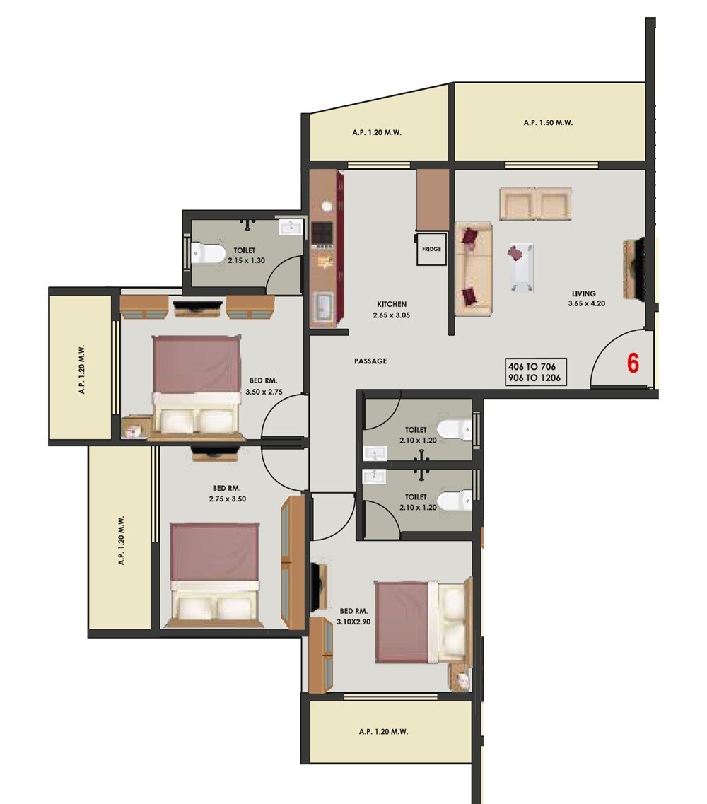 Floor plan of 3 BHK 740 Sq. Ft. Apartment in Shri Trident Avalon, Thane
