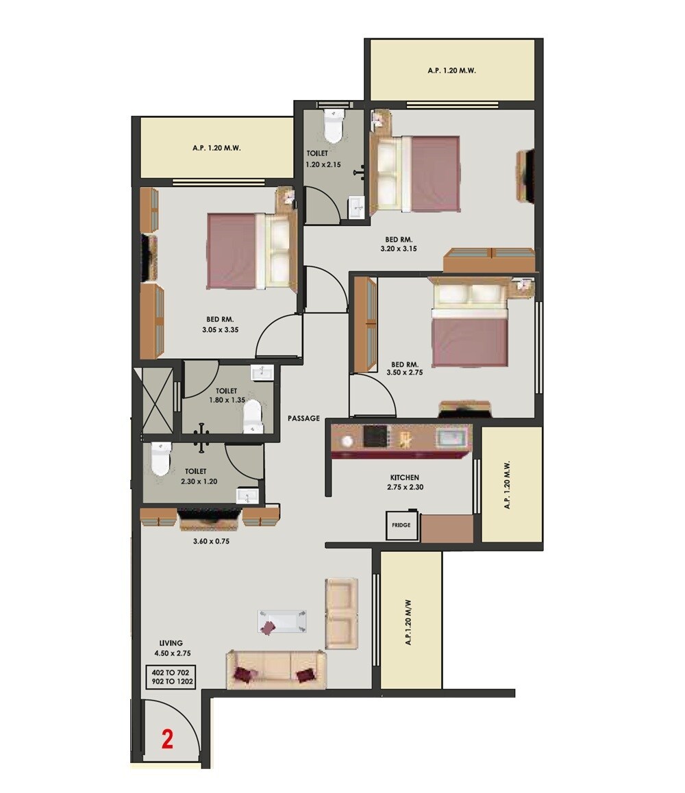 Floor plan of 3 BHK 765 Sq. Ft. Apartment in Shri Trident Avalon, Thane