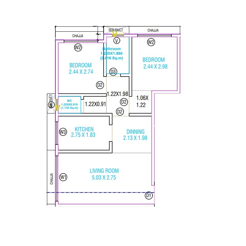 Floor plan of 2 BHK Apartment - 446 sq. ft. in Shrusti Shree Gangadhar CHS, Thane