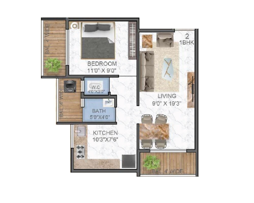 Floor plan of 1 BHK 610 Sq. Ft. Apartment in Shubh Krishna Kutir, Thane