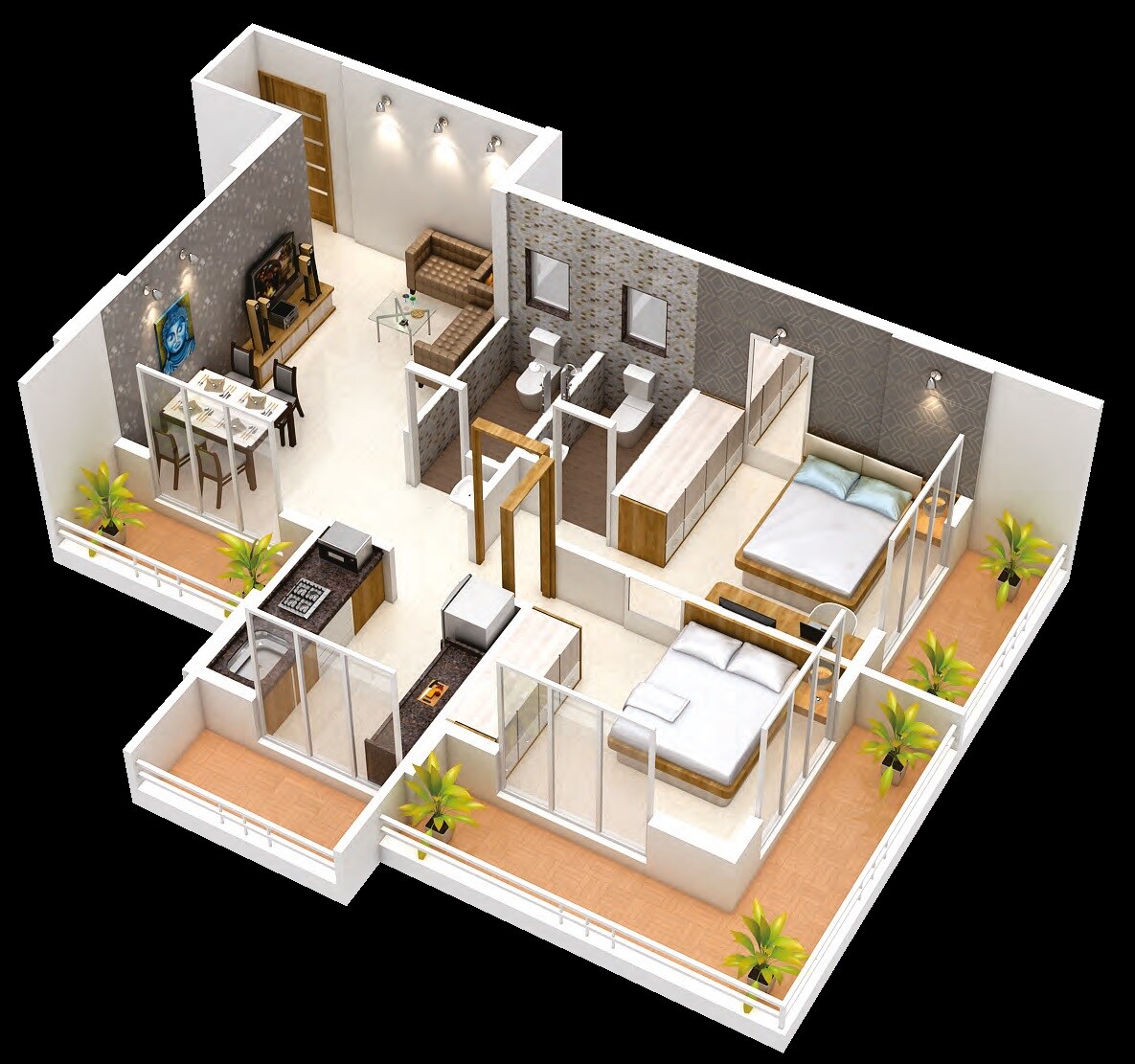 Floor plan of 2 BHK 535 Sq. Ft. Apartment in Shubh Precious Solitaire, Thane