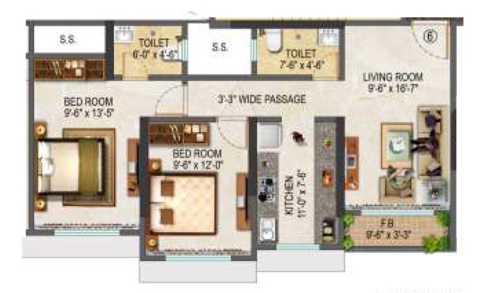 Floor plan of 2 BHK 565 Sq. Ft. Apartment in Shubh Seven Square Avenue, Thane