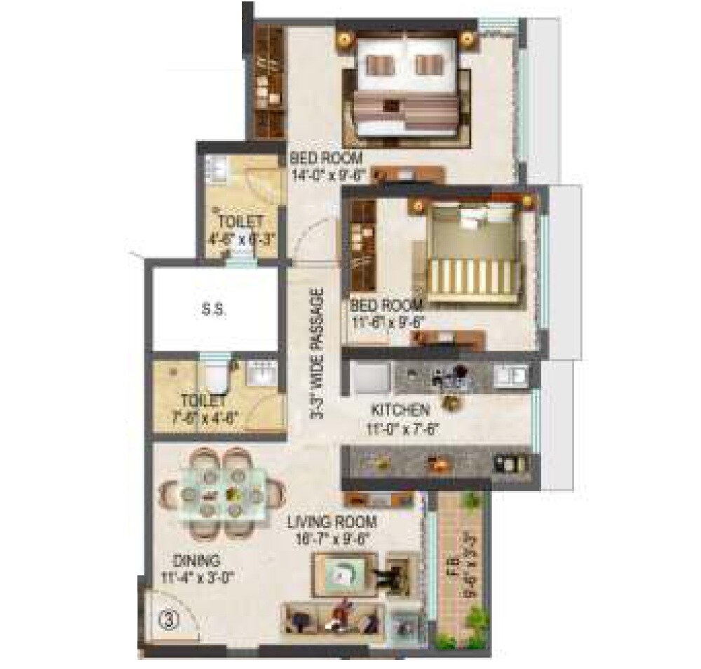 Floor plan of 2 BHK 683 Sq. Ft. Apartment in Shubh Seven Square Avenue, Thane