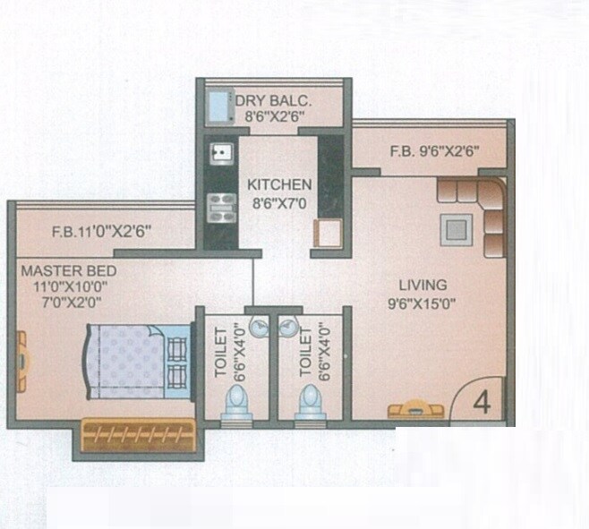 Floor plan of 1 BHK 392 Sq. Ft. Apartment in Shubham Shree Hari Darshan Building No 7, Thane