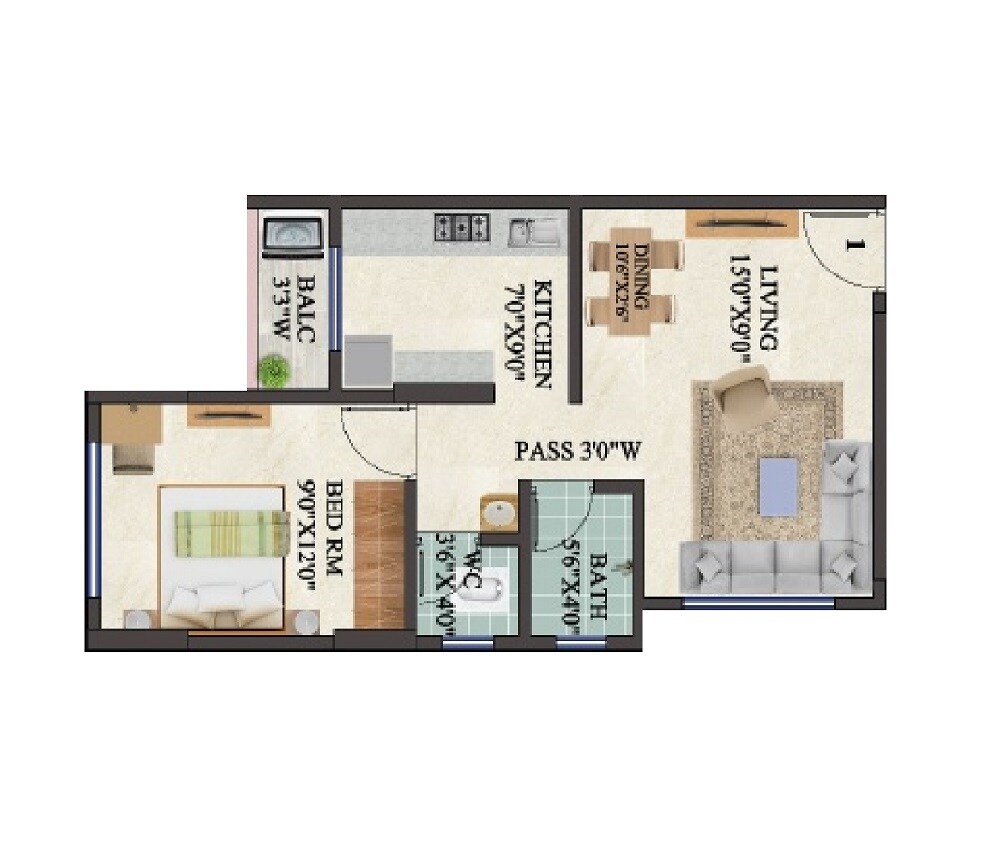 Floor plan of 1 BHK 443 Sq. Ft. Apartment in Siddh Royal Meadows, Thane