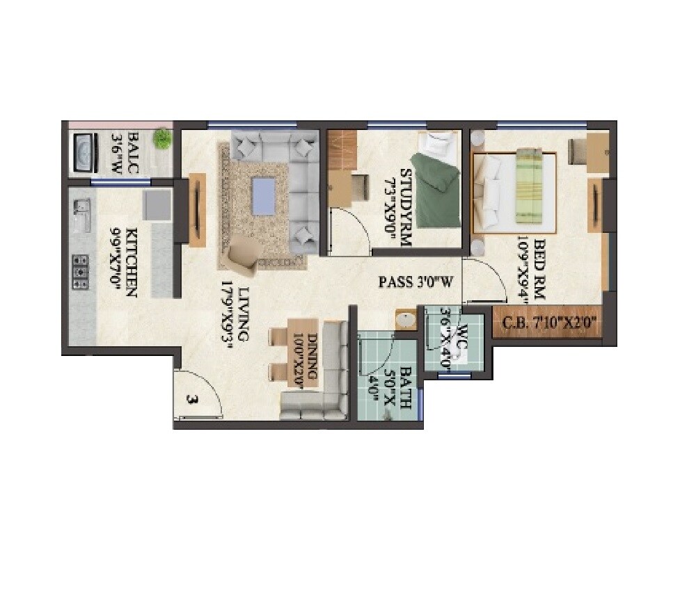 Floor plan of 2 BHK 552 Sq. Ft. Apartment in Siddh Royal Meadows, Thane