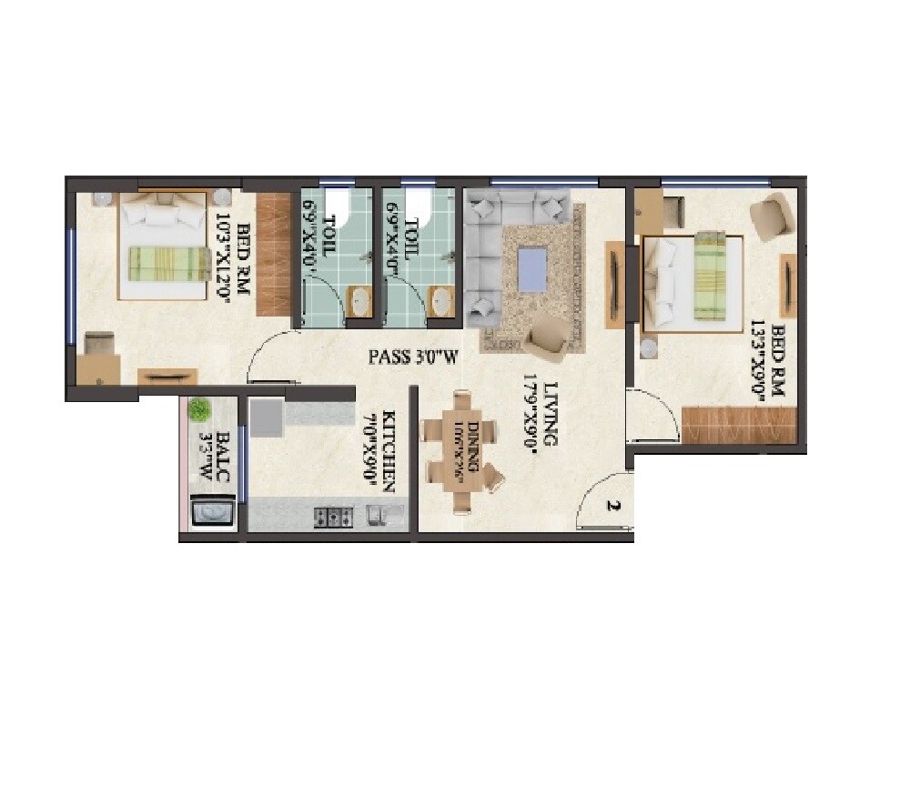 Floor plan of 2 BHK 608 Sq. Ft. Apartment in Siddh Royal Meadows, Thane