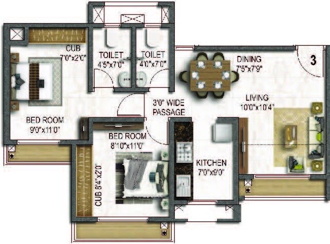 2 BHK 611 Sq. Ft. Apartment