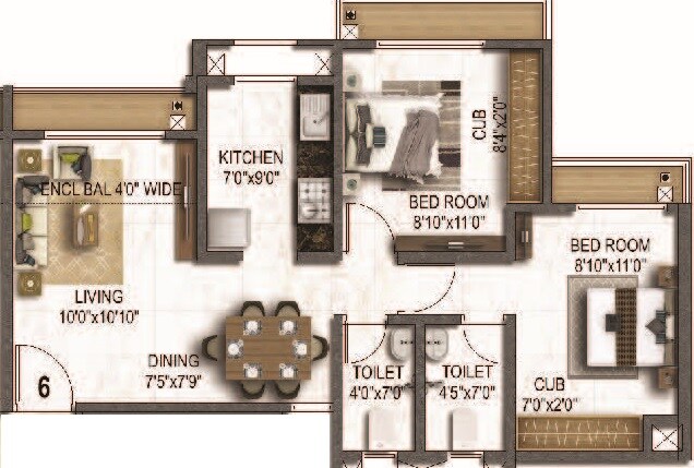 Floor plan of 2 BHK 625 Sq. Ft. Apartment in Siddharth Riverwood Park, Thane