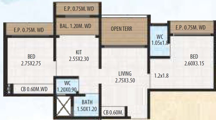 Floor plan of 2 BHK 567 Sq. Ft. Apartment in Siddheshwar Heights Titwala, Thane