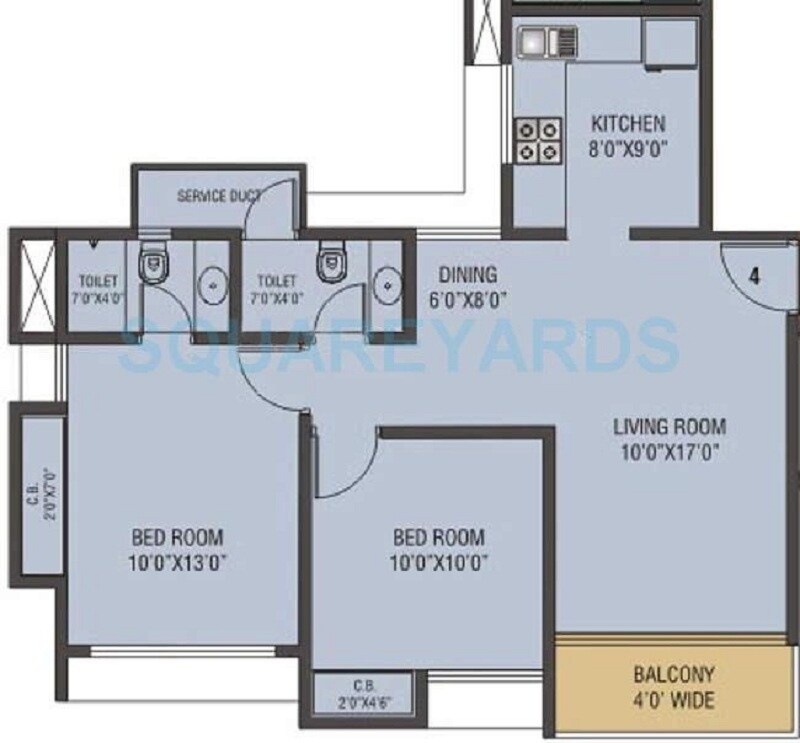 Floor plan of 2 BHK 925 Sq. Ft. Apartment in Siddhi Highland Gardens, Thane