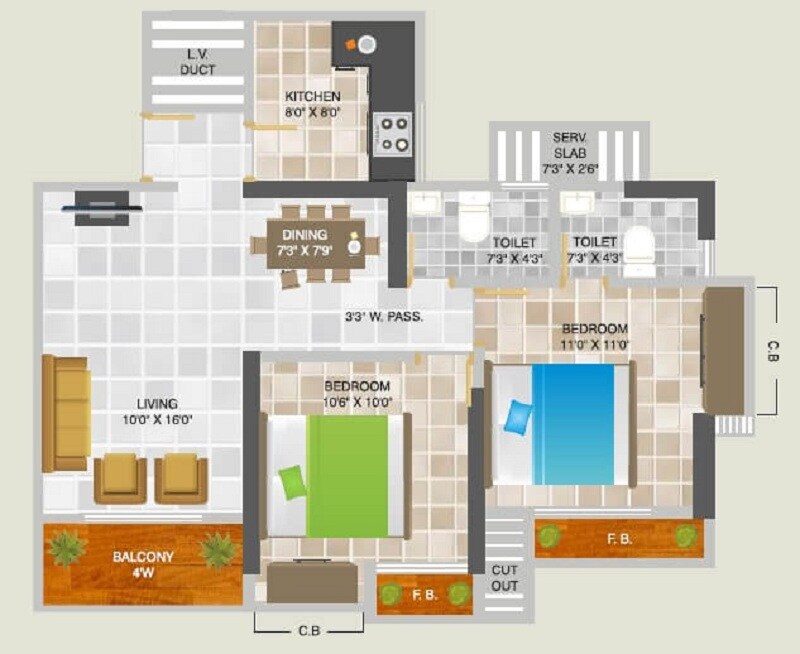 Floor plan of 2 BHK 649 Sq. Ft. Apartment in Siddhi Highland Park Phase 2, Thane